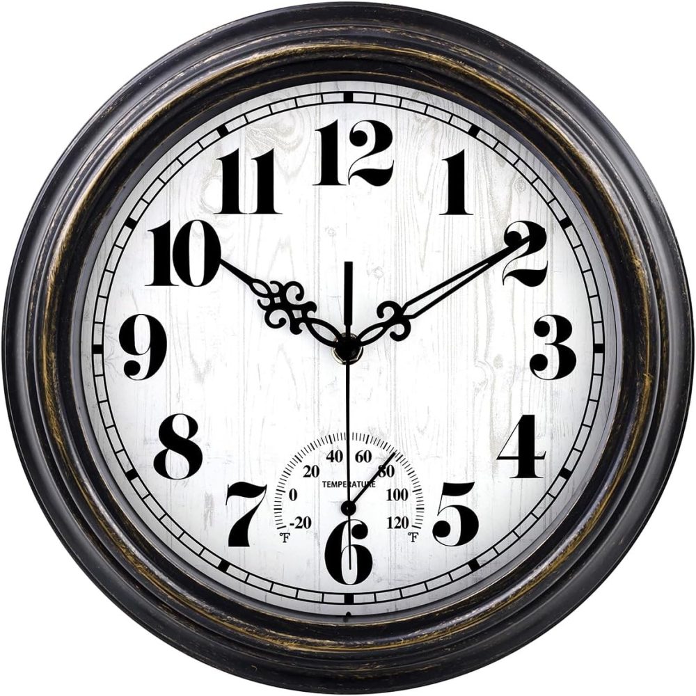 zyzamay 12 Inch Indoor Outdoor Clocks,Waterproof Wall Clock with Thermometer,Easy to Read,Non-Ticking Battery Operated Quality Quartz Clock, Decorative for Patio,Porch,Pool,Bathroom(BlackGold)